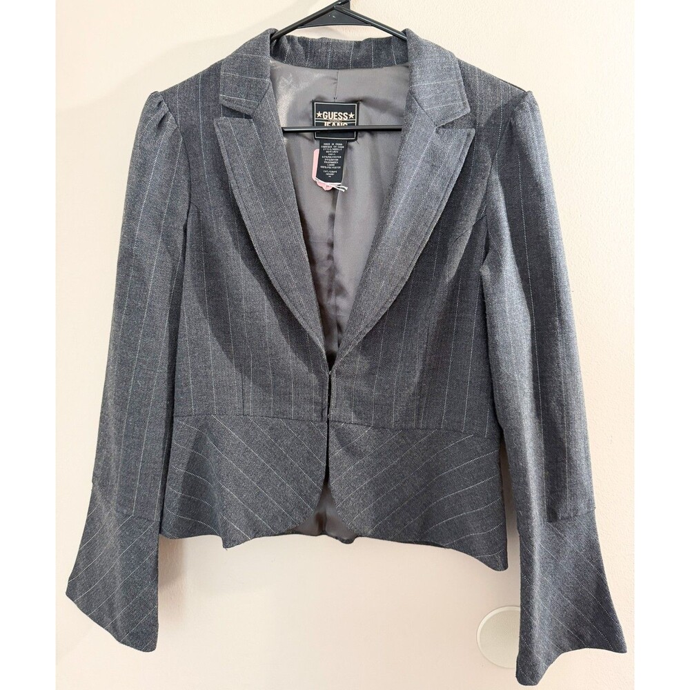 Guess Jeans Gray Pinstripe Blazer Womens Medium Fitted Jacket Work Office